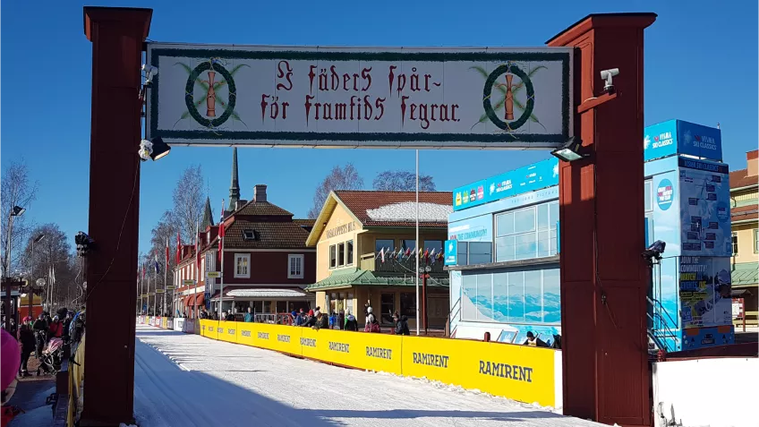 Photo of the finish line for Vasaloppet cross-country ski race.